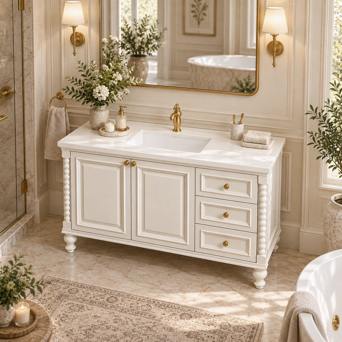 Vintage style vanity cabinet placed beside freestanding tub