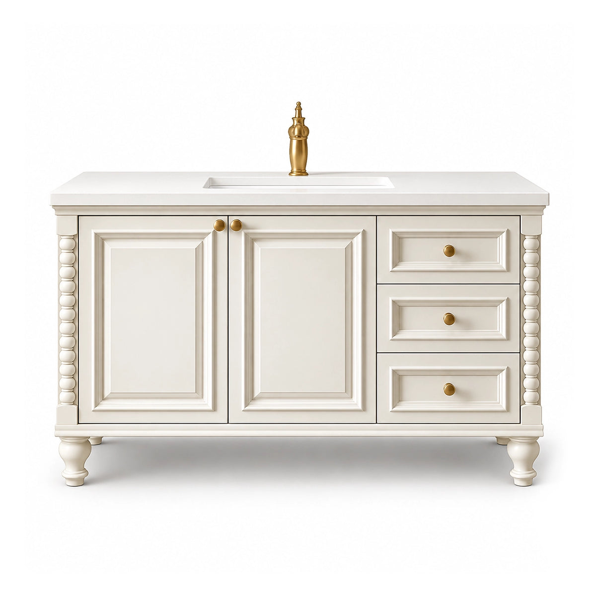 Freestanding bathroom vanity, white cabinet with beaded side trim