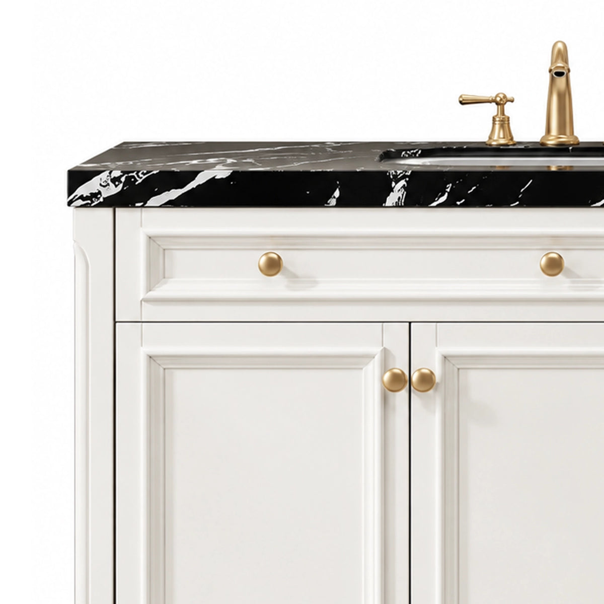 Black marble countertop paired with white cabinetry and gold knobs