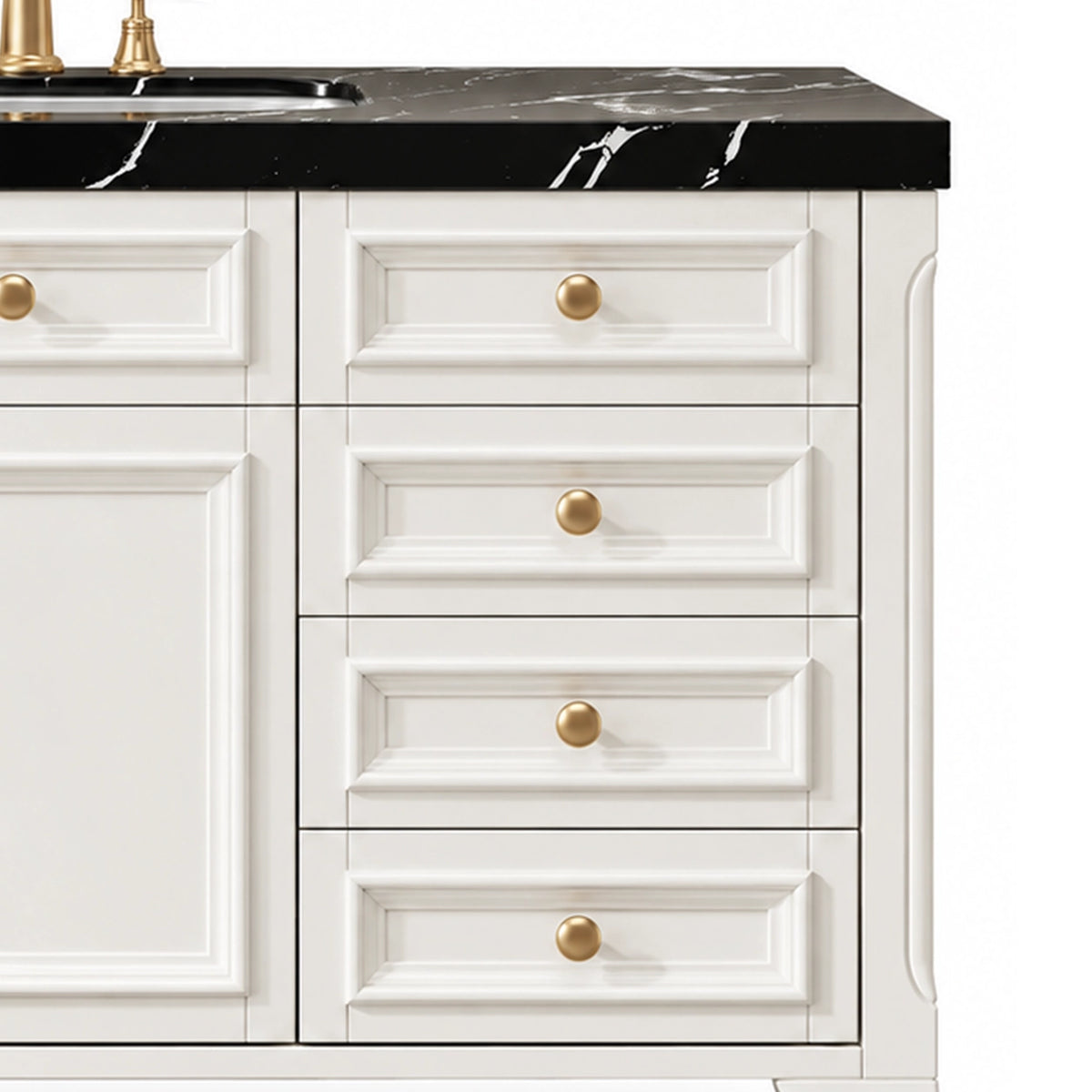 Multi‑drawer panel moulding and round gold pull knobs