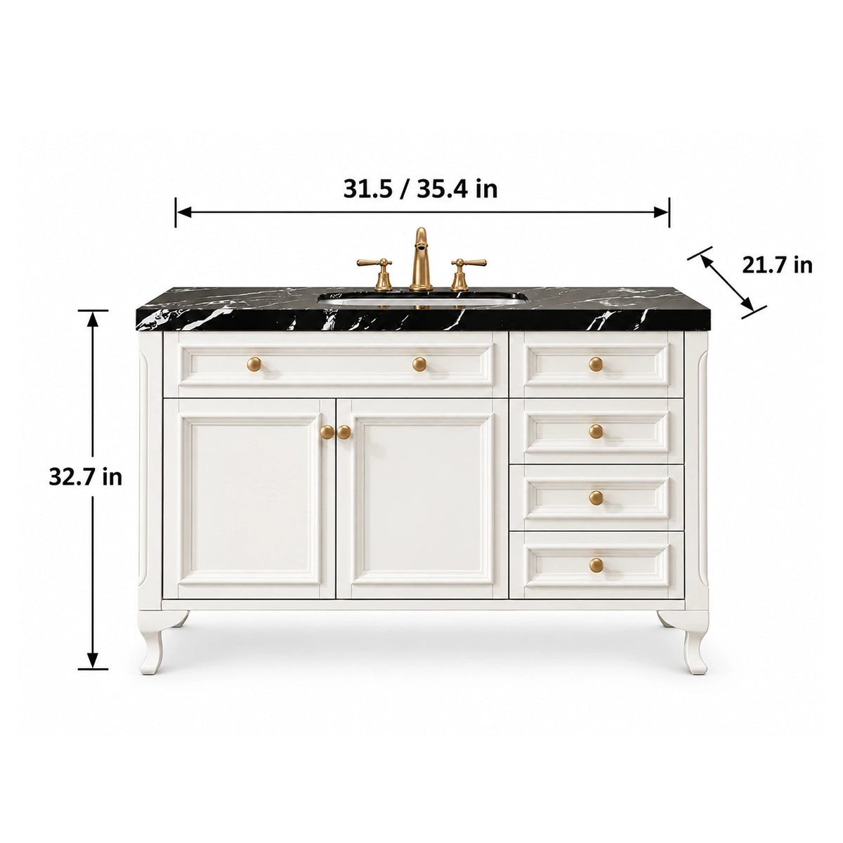 Dimensions for vintage freestanding bathroom vanity with black marble top,31.5 inch/35.4 inch