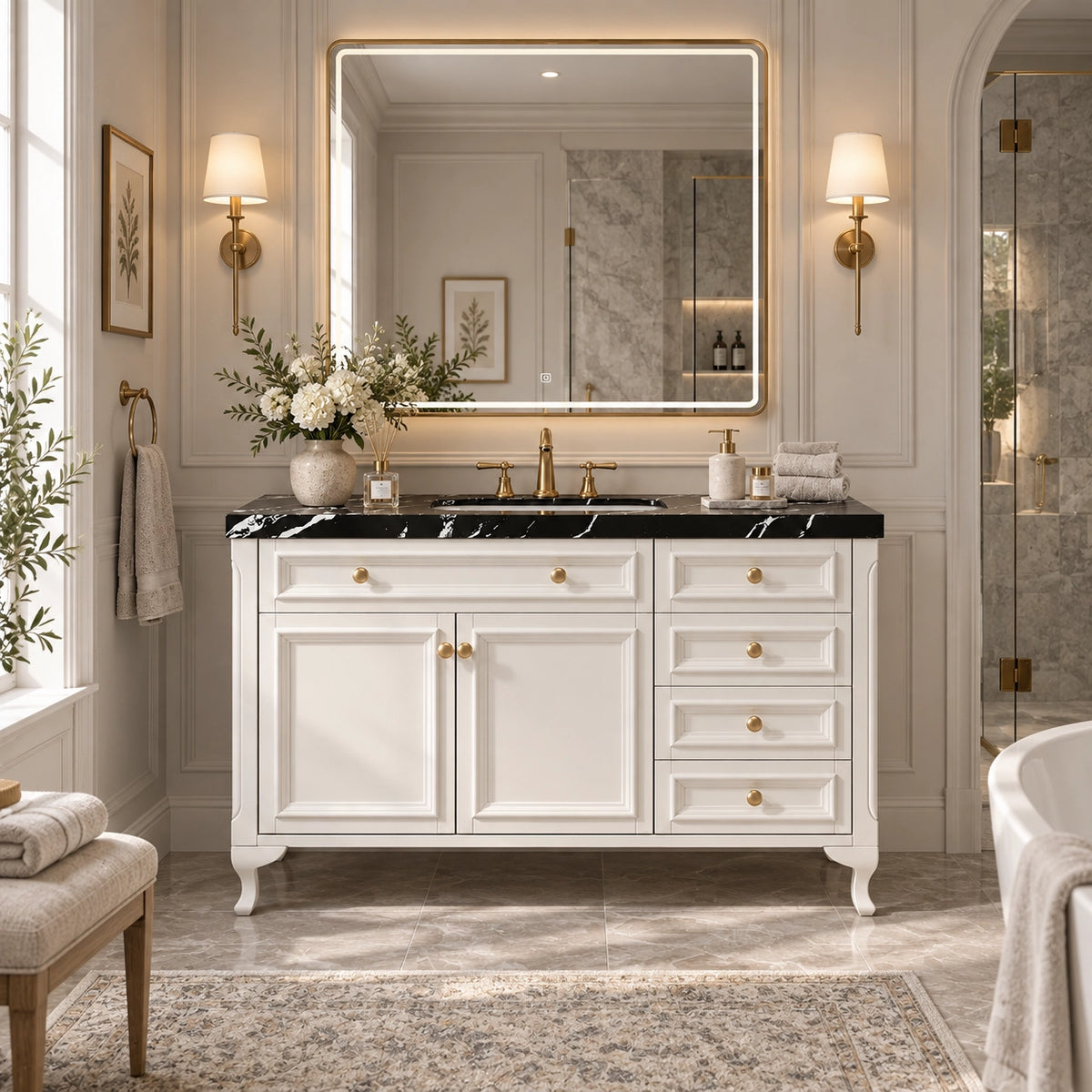 Freestanding vanity with black marble top in bright traditional bathroom