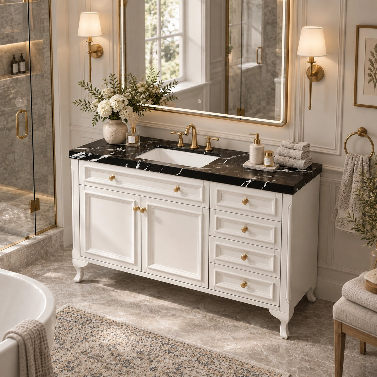 White bathroom vanity beside shower enclosure in sunlit restroom