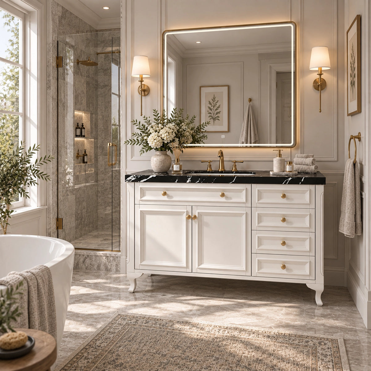 Classic vanity unit inside spacious marble bathroom