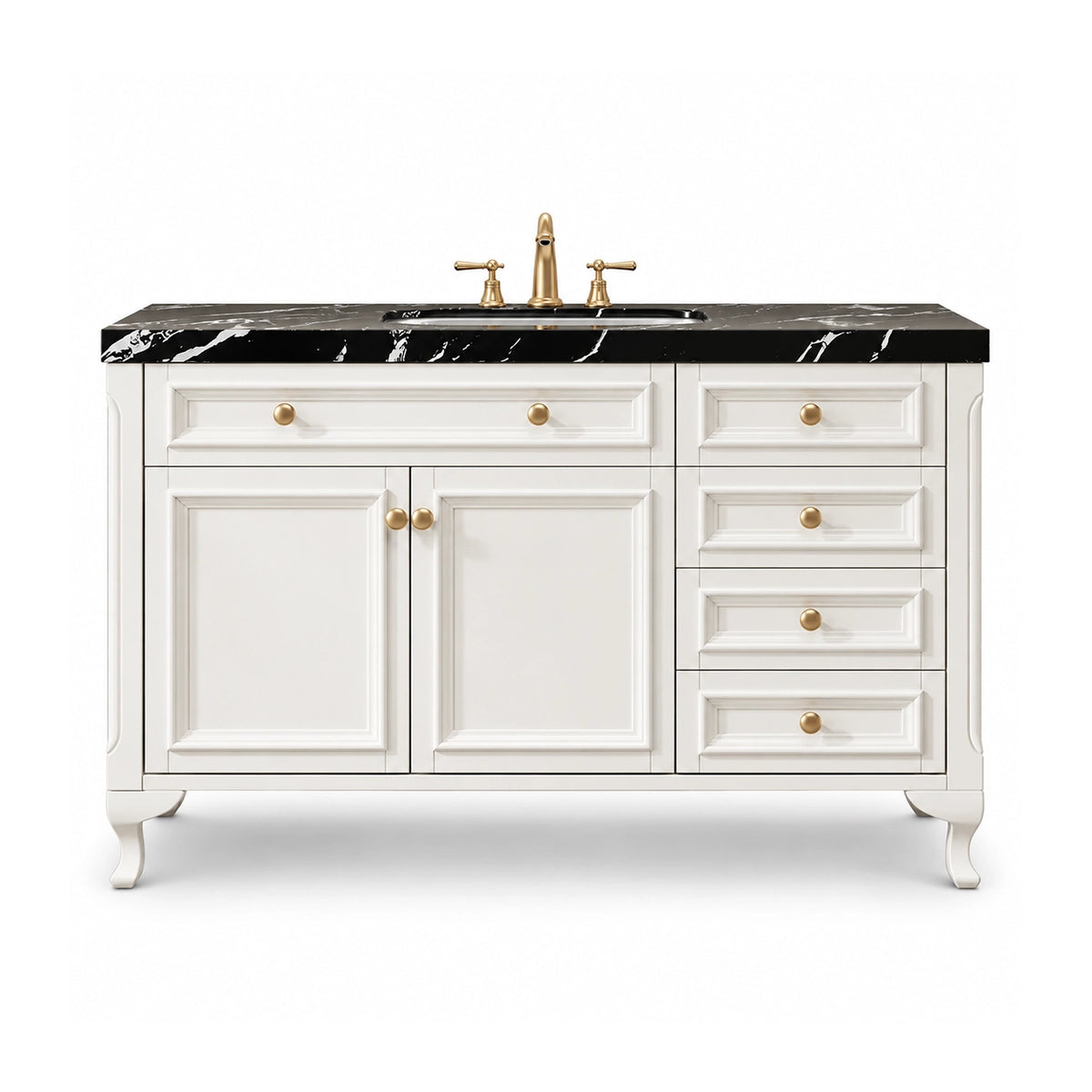 Freestanding bathroom vanity, white cabinet, black marble top, curved legs