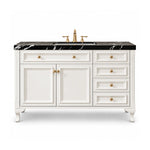 Freestanding bathroom vanity, white cabinet, black marble top, curved legs