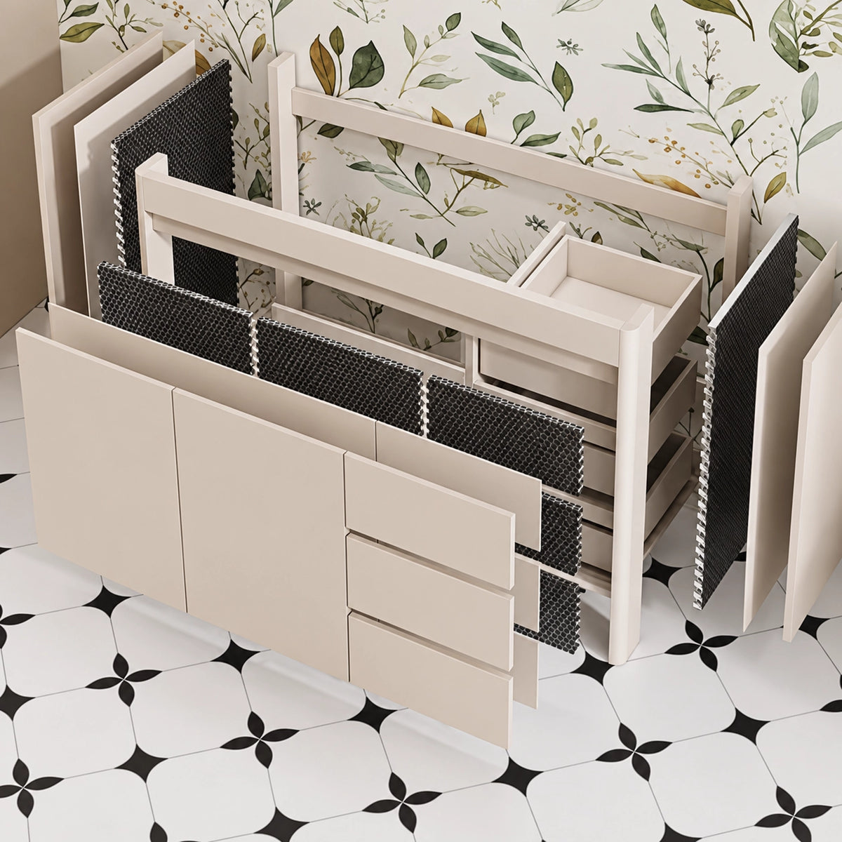 Exploded view of honeycomb aluminum cabinet structure