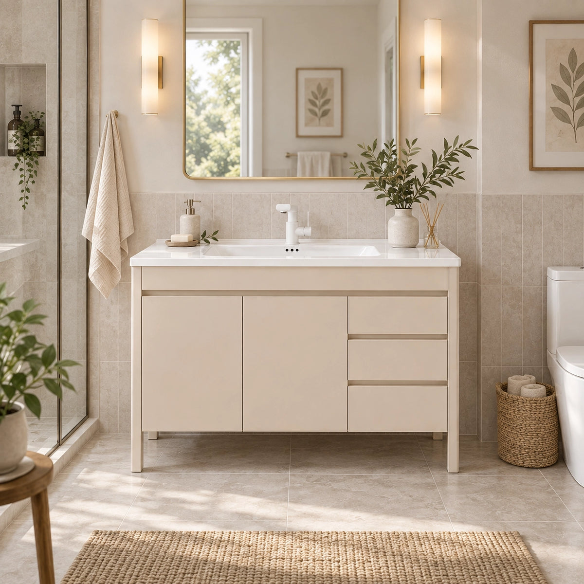 Cream vanity cabinet under gold-framed mirror in bright washroom