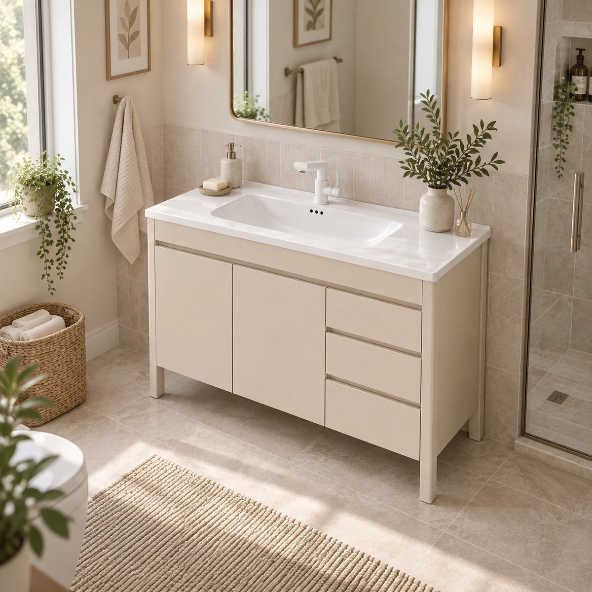 Freestanding bathroom vanity near window with natural daylight