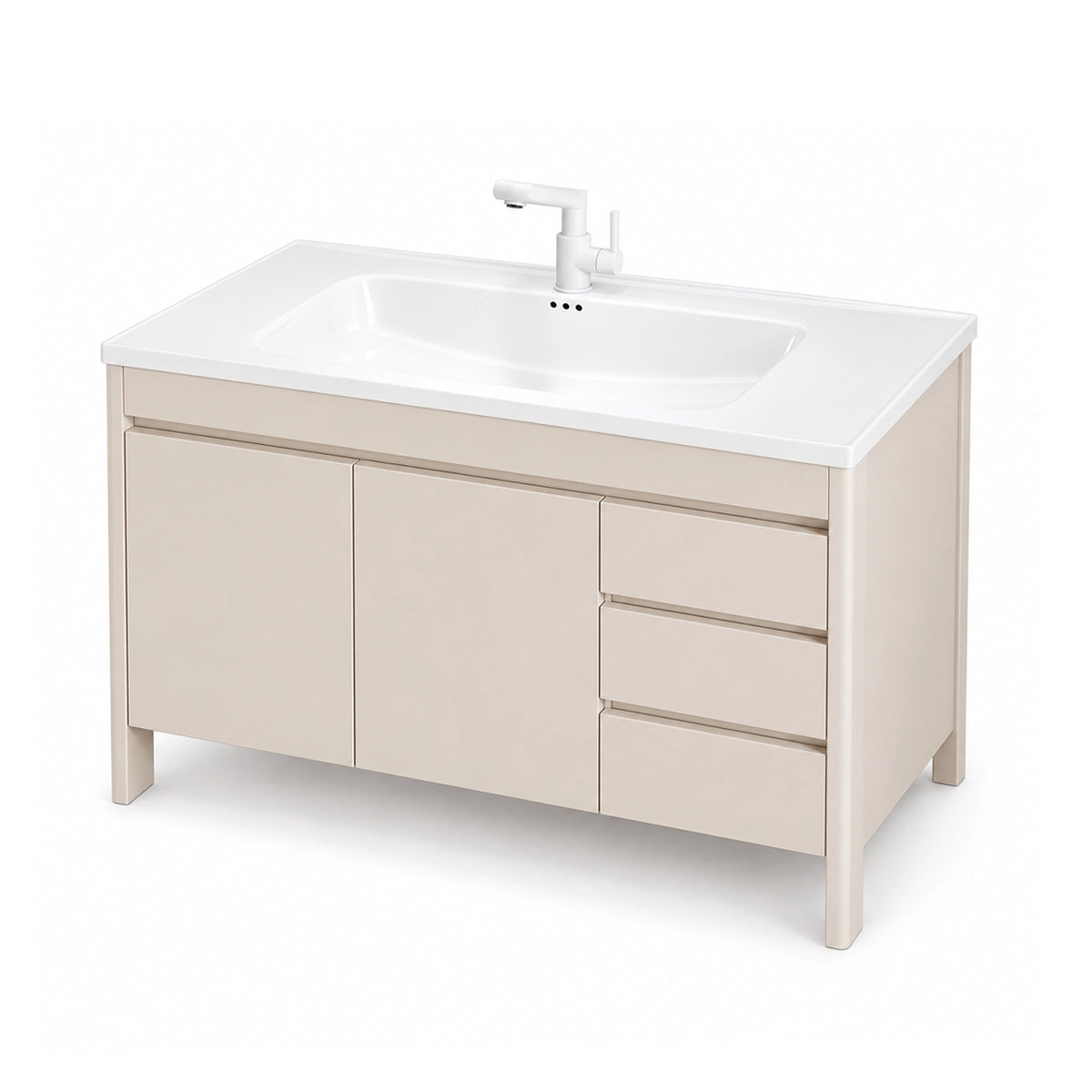 Cream freestanding vanity, honeycomb aluminum, integrated ceramic sink, 2 doors 3 drawers