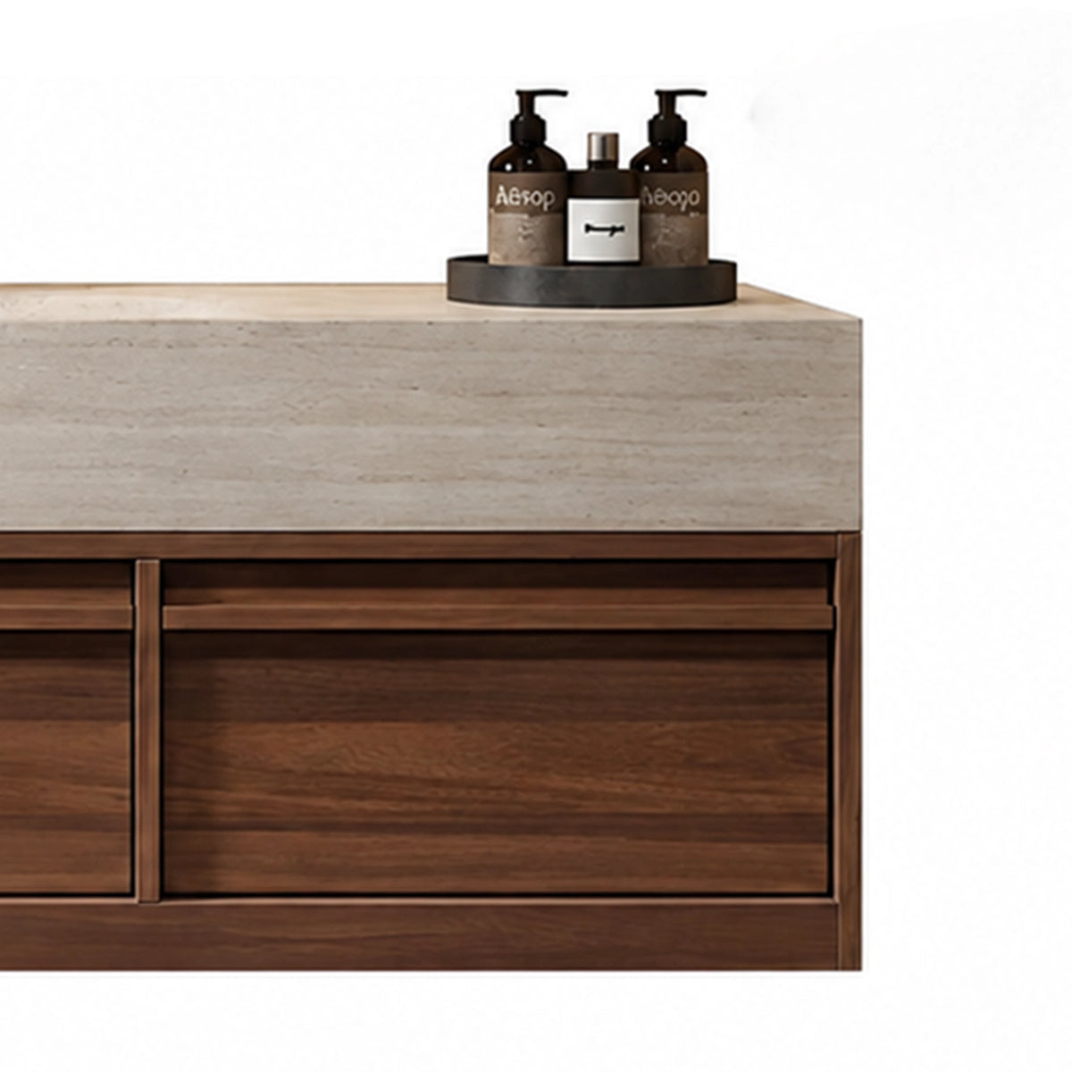 Closeup of vanity drawer and travertine countertop, wood & stone texture
