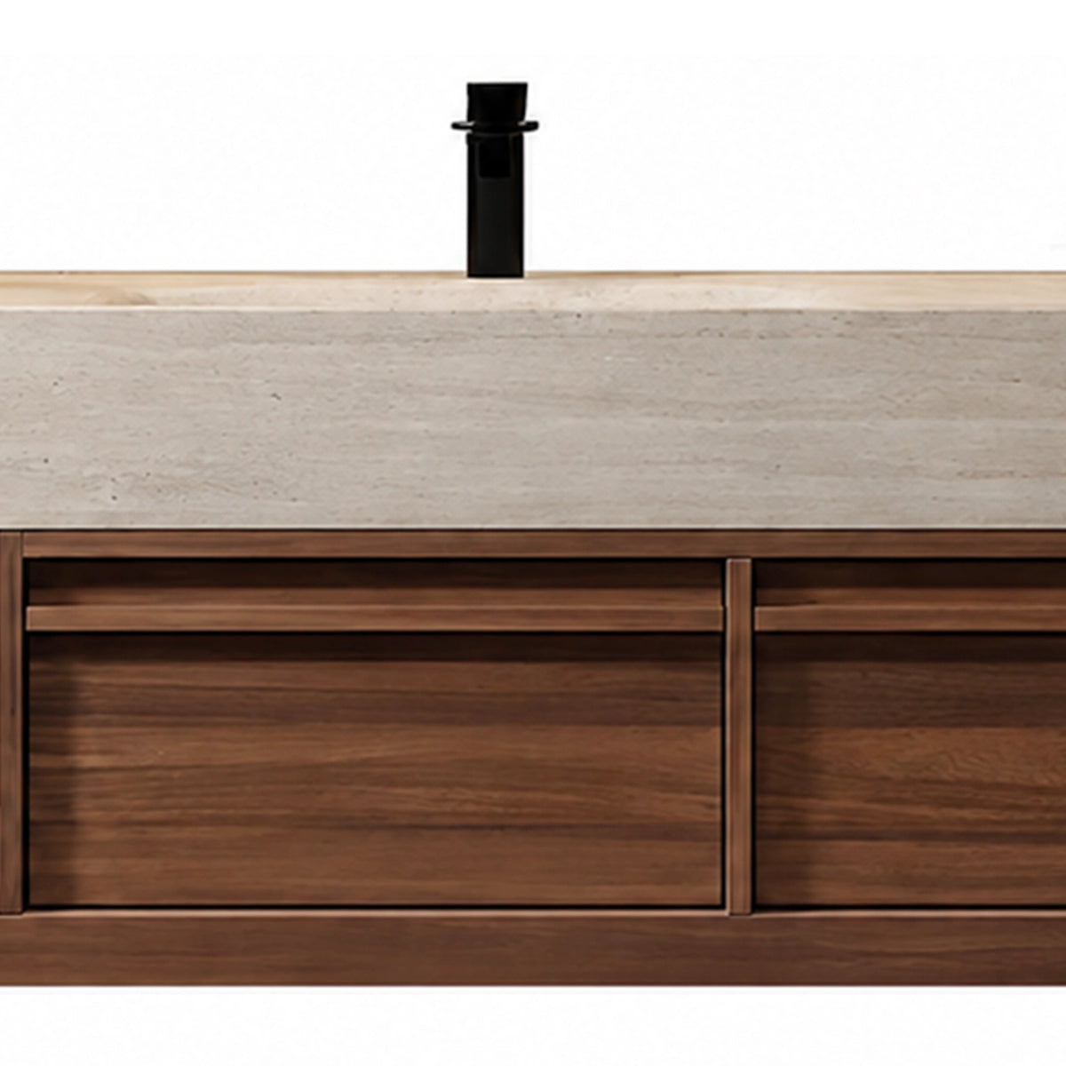 Black faucet and double drawer front, minimalist handleless design