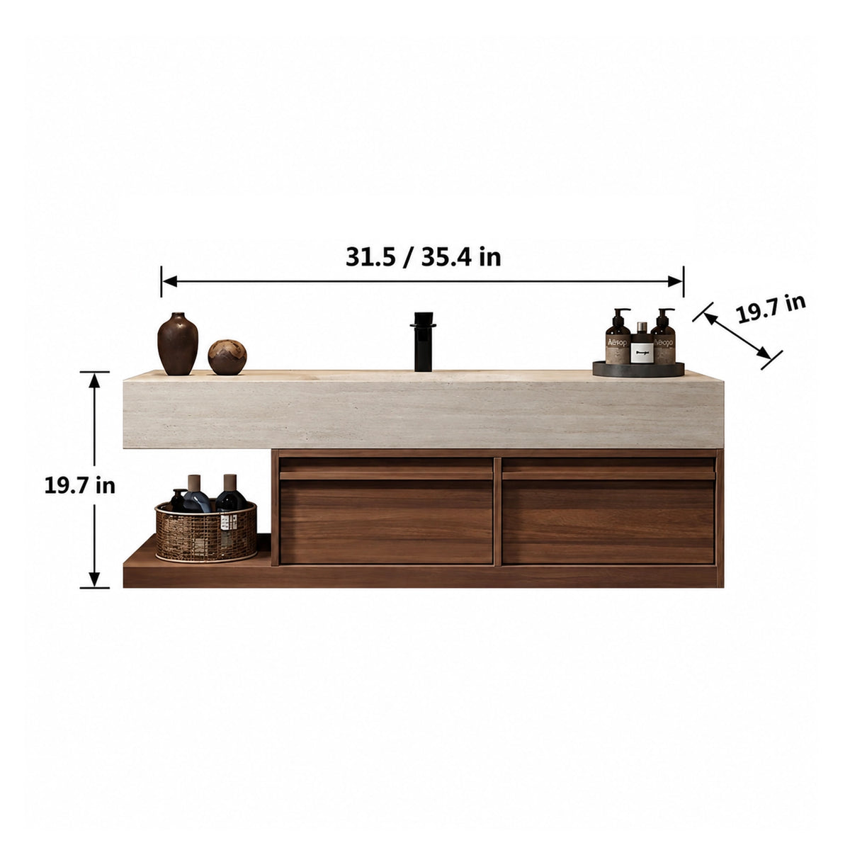 Dimensions for modern wall‑hung bathroom vanity, 31.5 inch/35.4 inch
