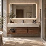 Wall-mounted bathroom vanity in sunlit bathroom, travertine top with wood cabinet