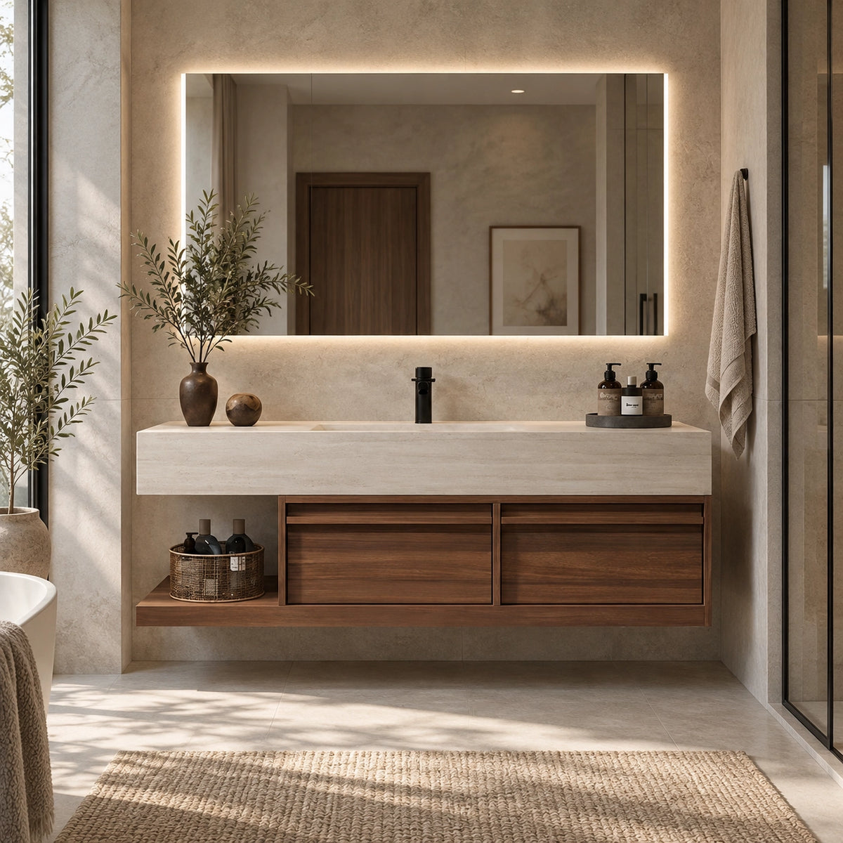 Wall-mounted bathroom vanity in sunlit bathroom, travertine top with wood cabinet