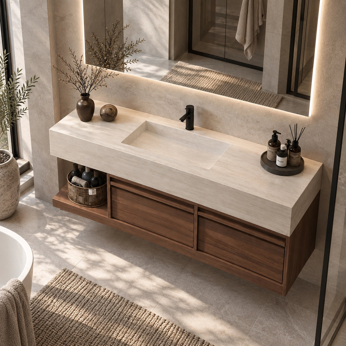 Floating bathroom vanity, angled shot in wabi-sabi style washroom