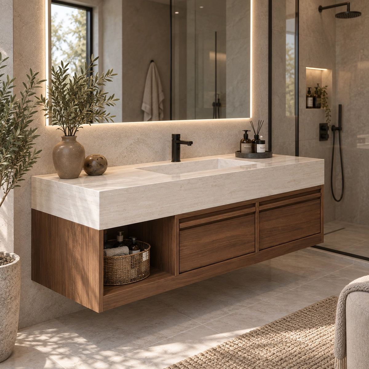 Floating vanity beside shower area, warm bathroom with wood & travertine