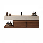 Wall-hung bathroom vanity, travertine countertop with wood cabinet & open shelf