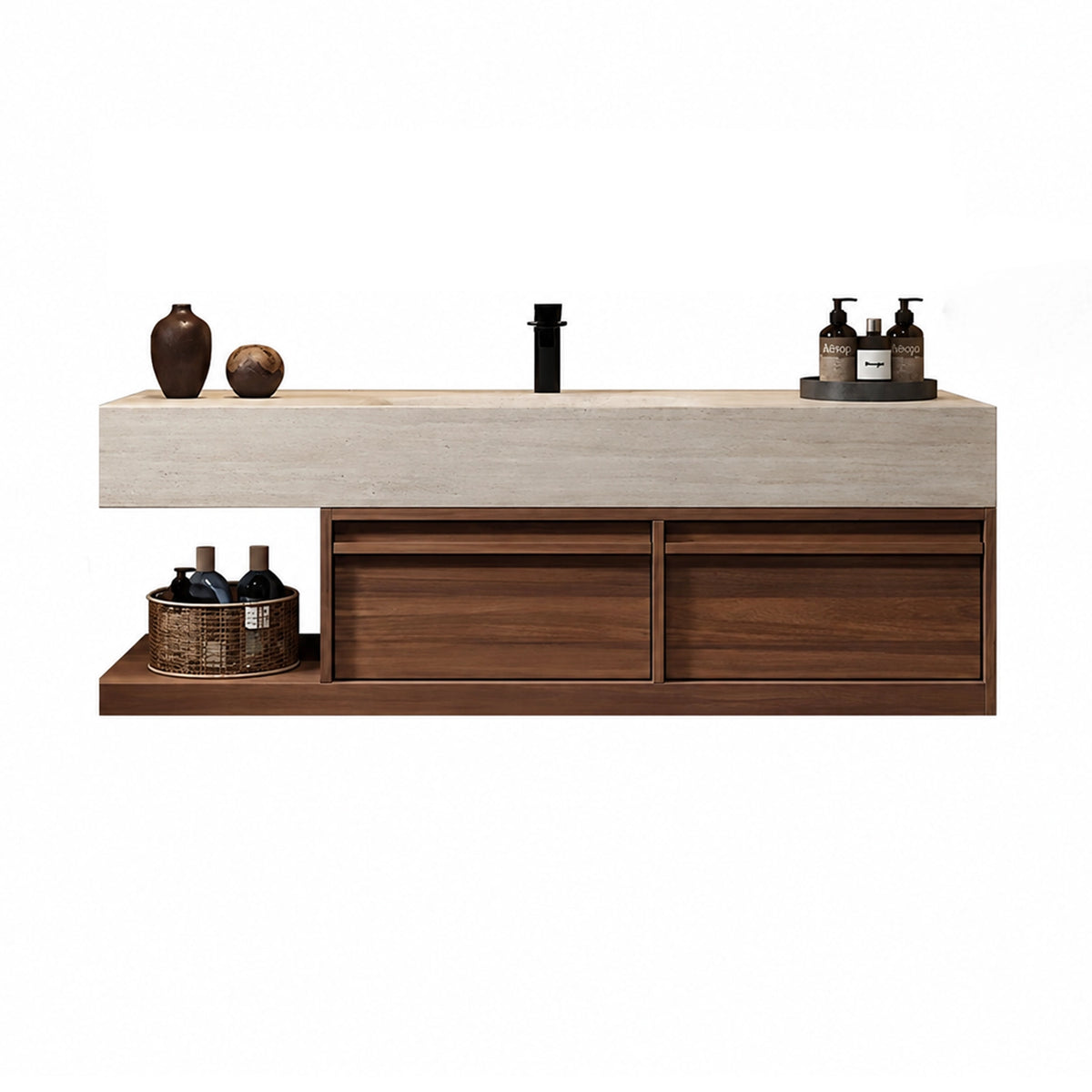 Wall-hung bathroom vanity, travertine countertop with wood cabinet & open shelf