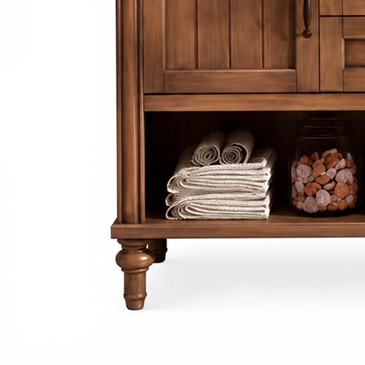 Detail of turned wood legs and open lower storage shelf