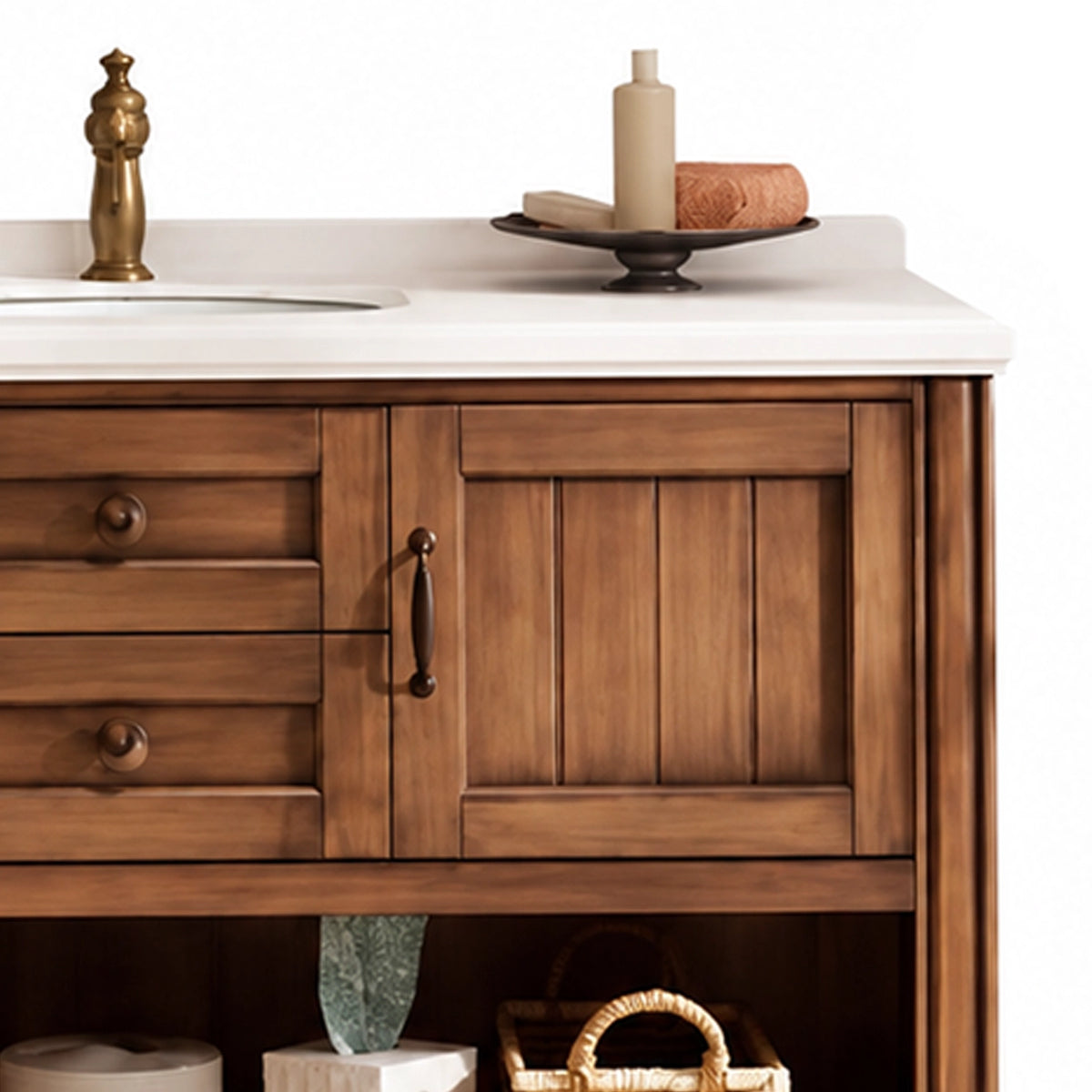Countertop and cabinet close-up, white quartz top with antique brass faucet