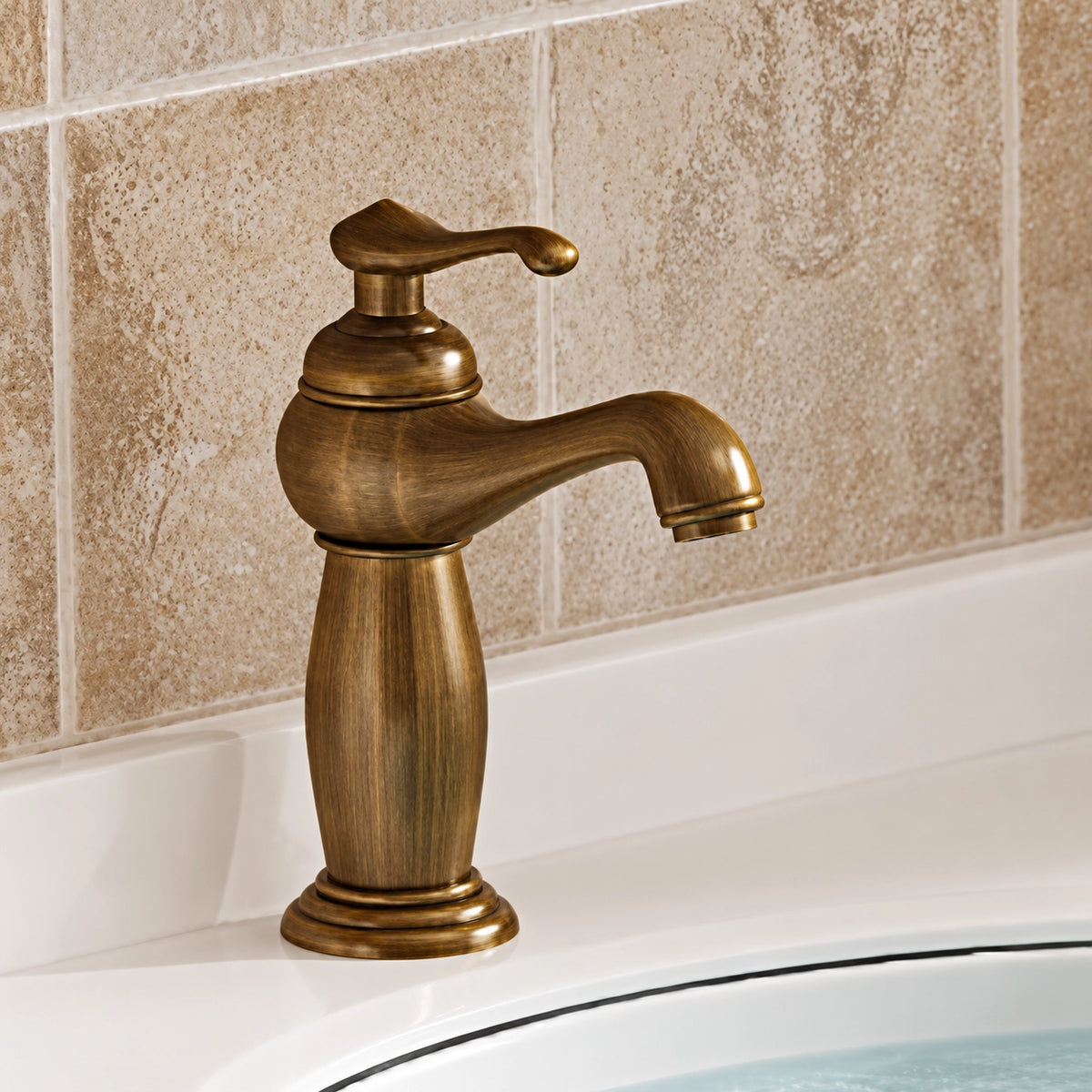 Antique bronze faucet close-up, vintage curved spout design