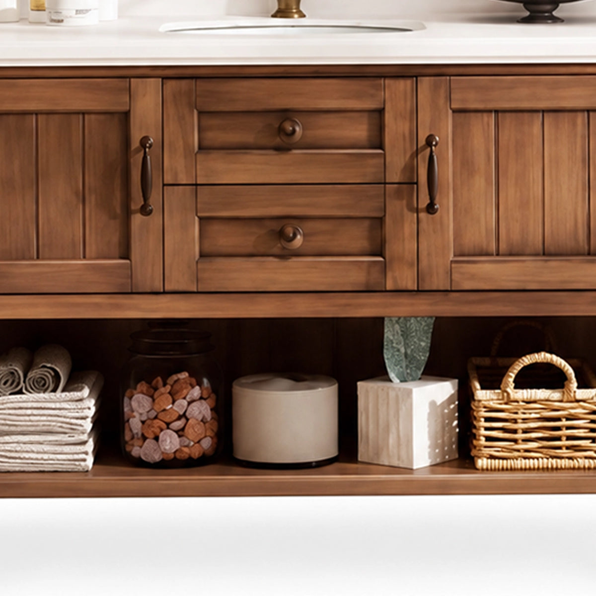 Close-up of cabinet doors & drawers, vertical paneling with vintage handles