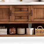 Close-up of cabinet doors & drawers, vertical paneling with vintage handles