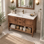 Freestanding American bathroom vanity in sunlit farmhouse bathroom