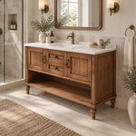 Side view freestanding vanity, bathroom scene with light tiled wall
