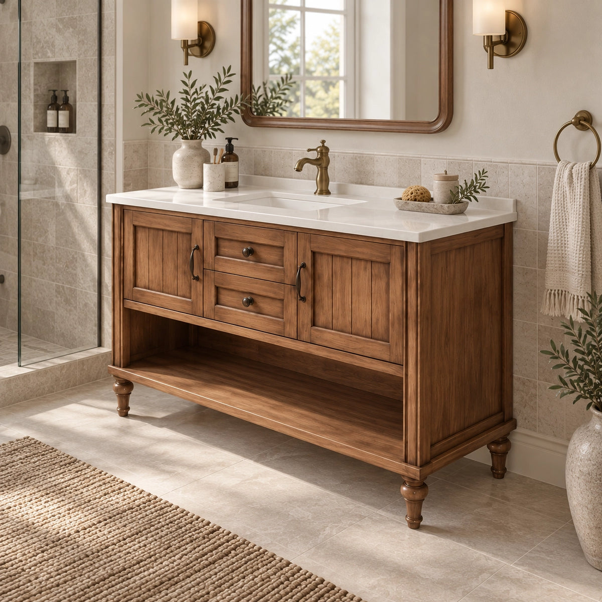 Side view freestanding vanity, bathroom scene with light tiled wall