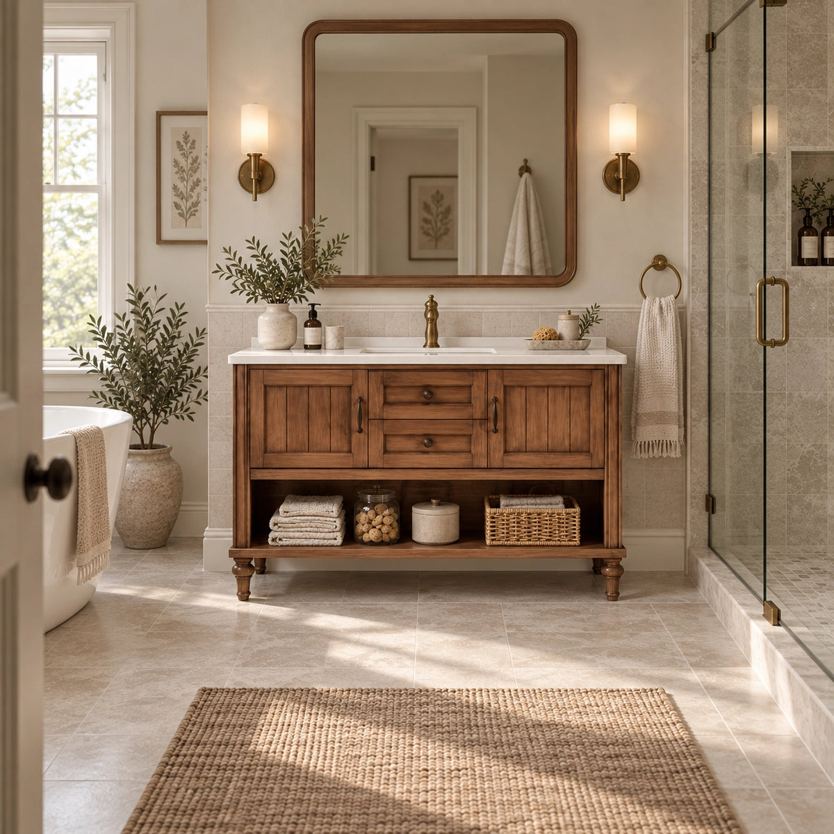 Full bathroom view, American vanity paired with tub and glass shower