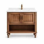 American freestanding vanity, solid wood cabinet, integrated white sink, turned legs