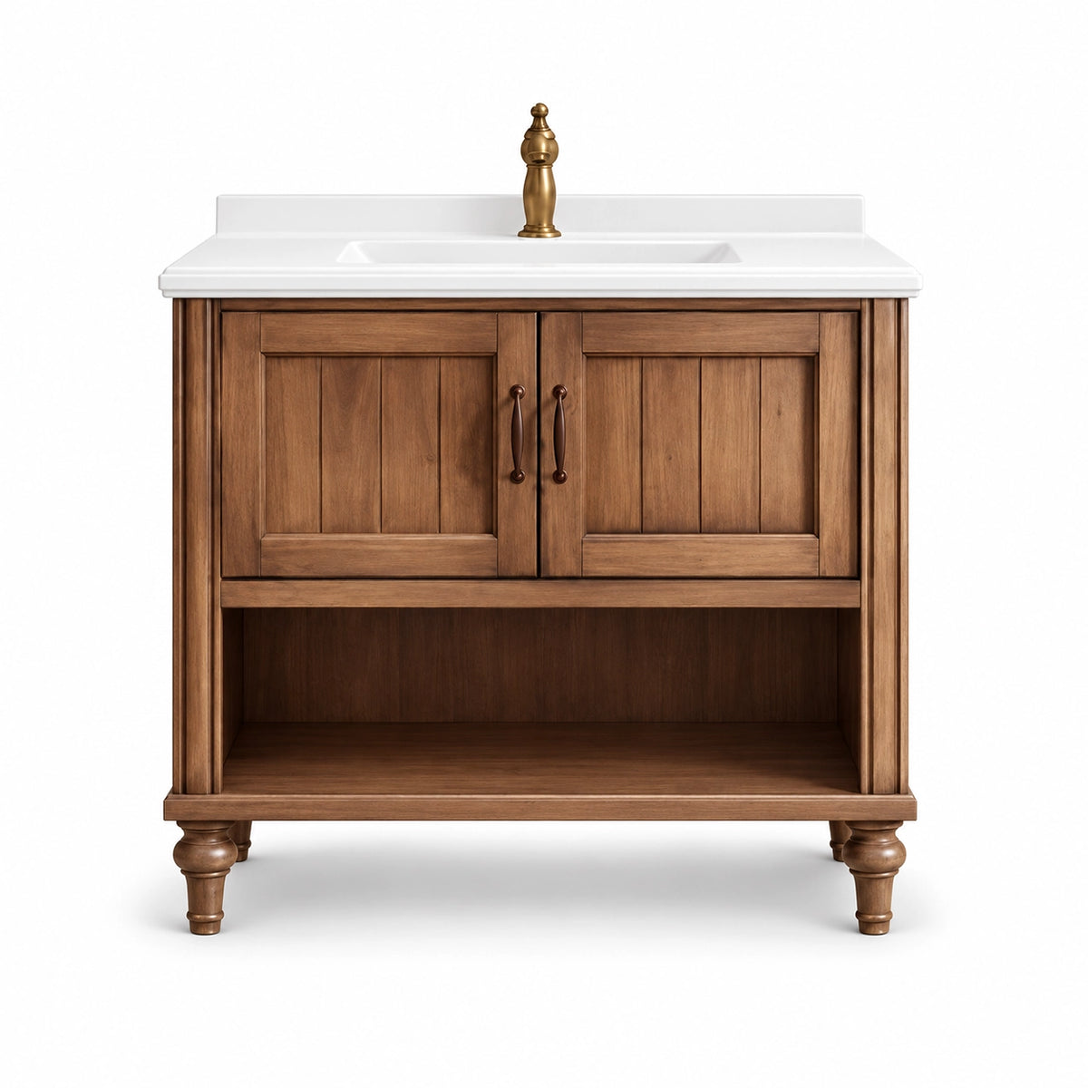 American freestanding vanity, solid wood cabinet, integrated white sink, turned legs