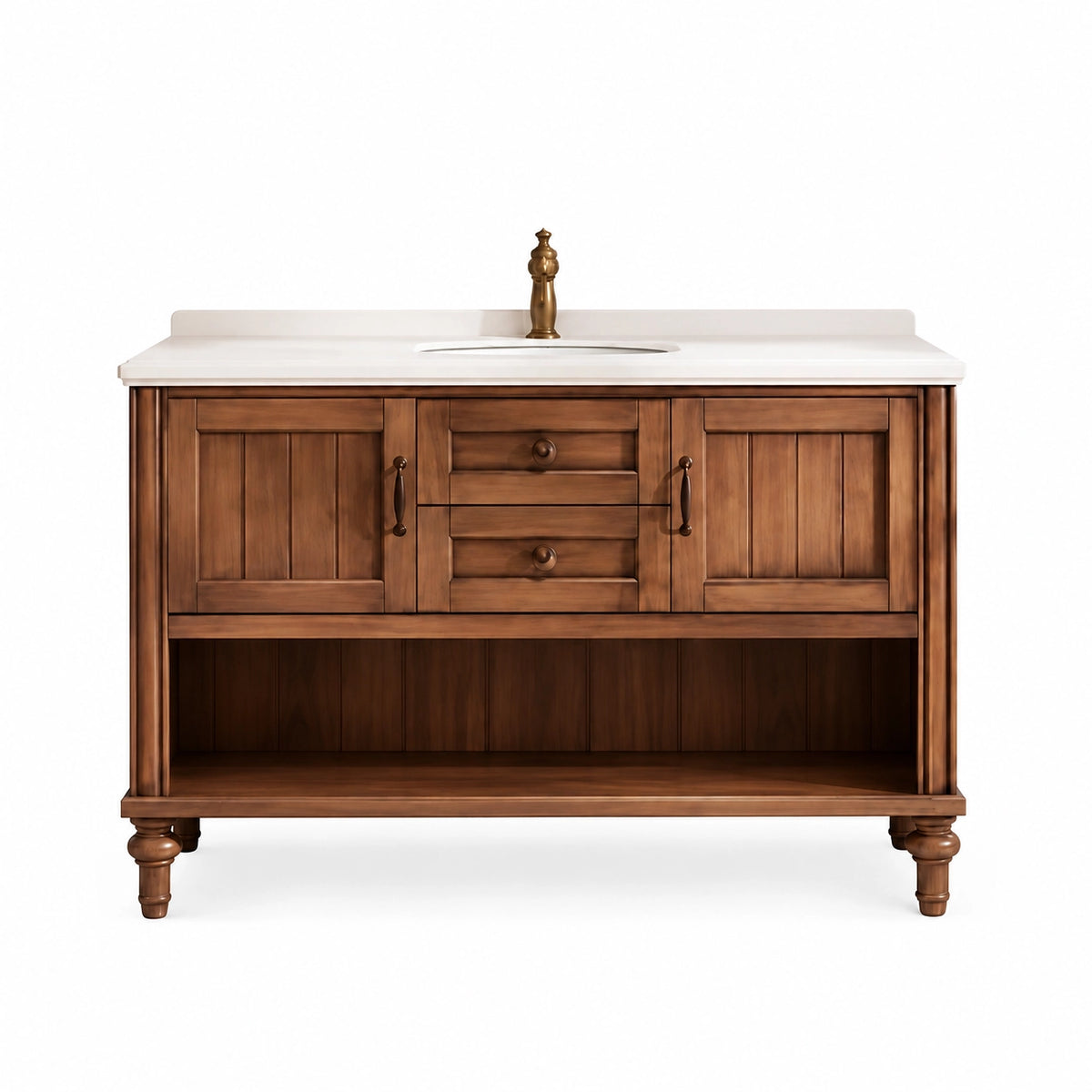 Farmhouse bathroom vanity, double doors, drawers & open shelf for versatile storage