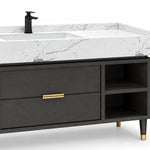 Cabinet countertop close-up, veined stone top, gold pull & open shelves