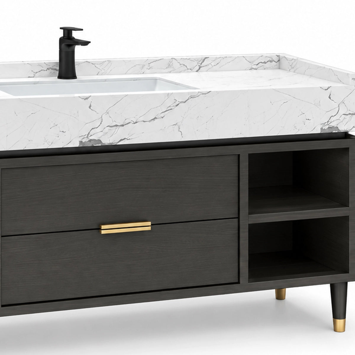 Cabinet countertop close-up, veined stone top, gold pull & open shelves