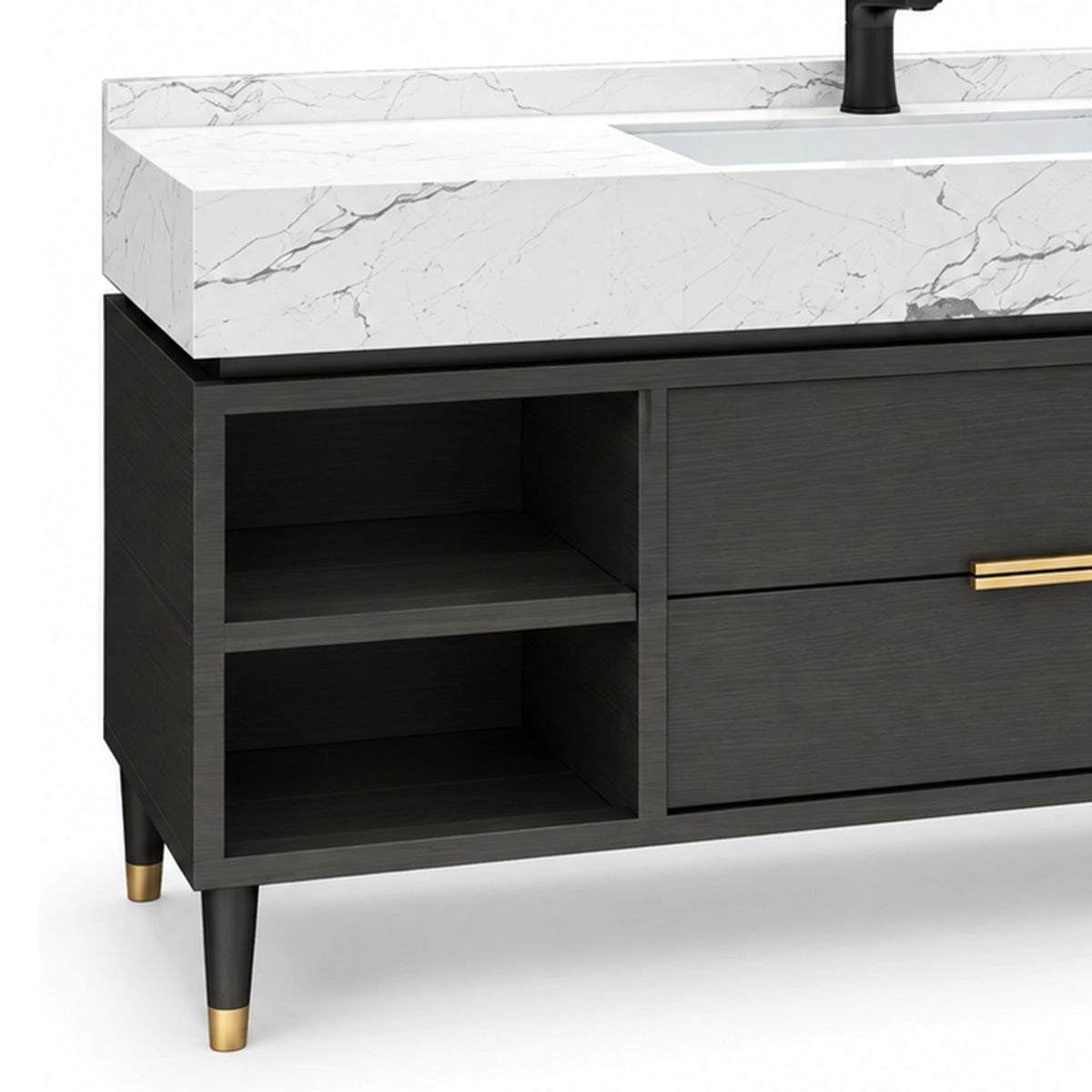 Side shelf & leg detail, tapered legs with gold caps, open storage nook