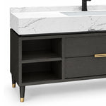 Side shelf & leg detail, tapered legs with gold caps, open storage nook