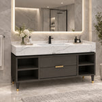 Black freestanding vanity in modern lit bathroom