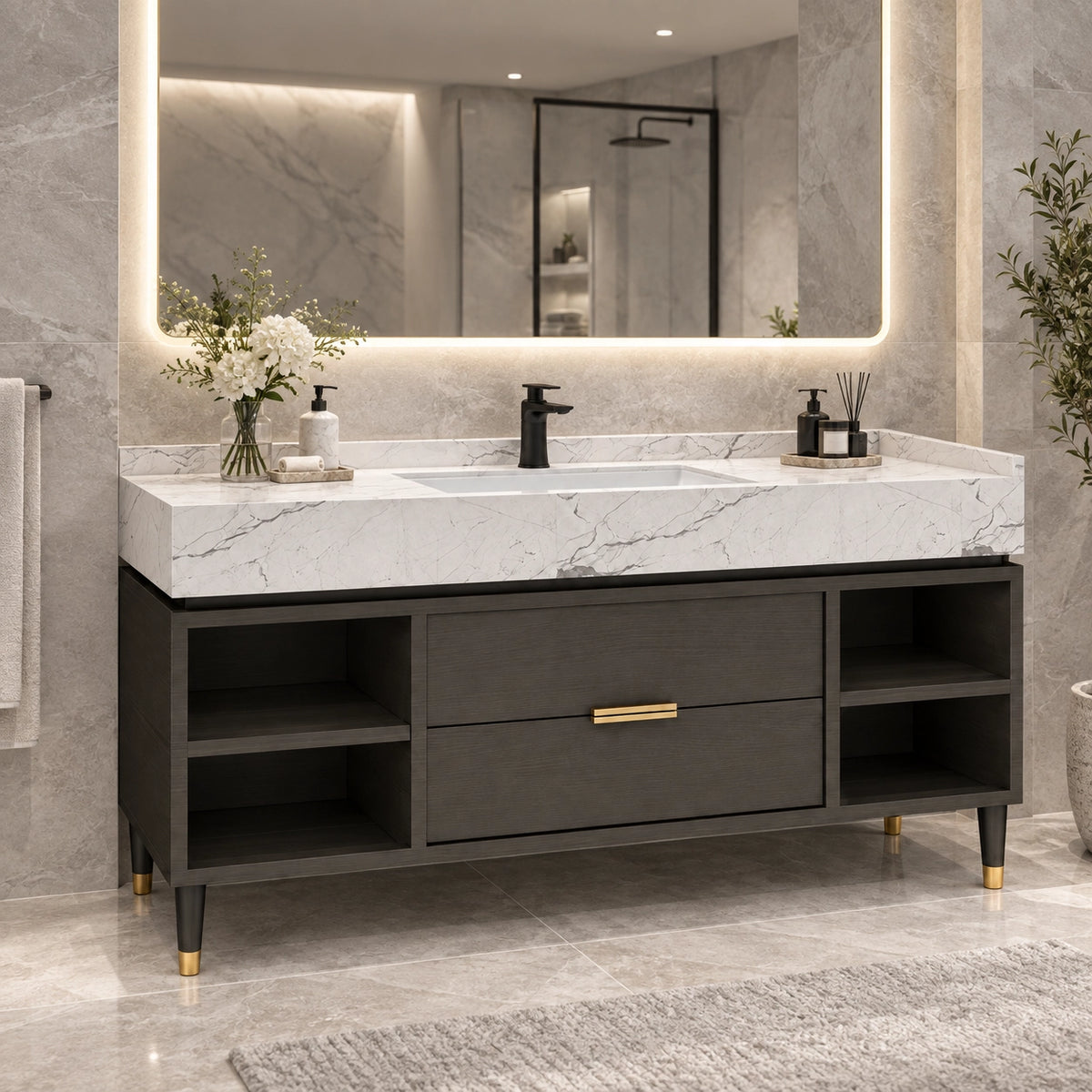 Black freestanding vanity in modern lit bathroom