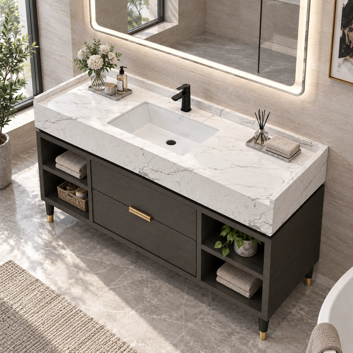 Top-down view vanity, sunlit bathroom by large window