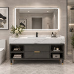 Front view vanity, full bathroom with toilet and shower area
