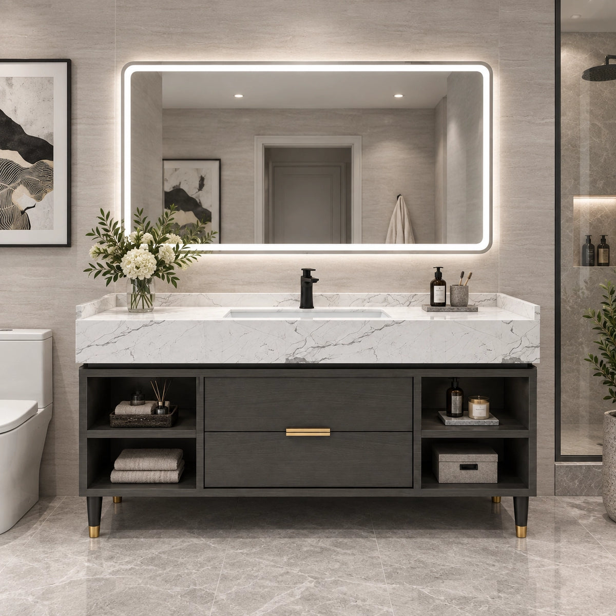 Front view vanity, full bathroom with toilet and shower area
