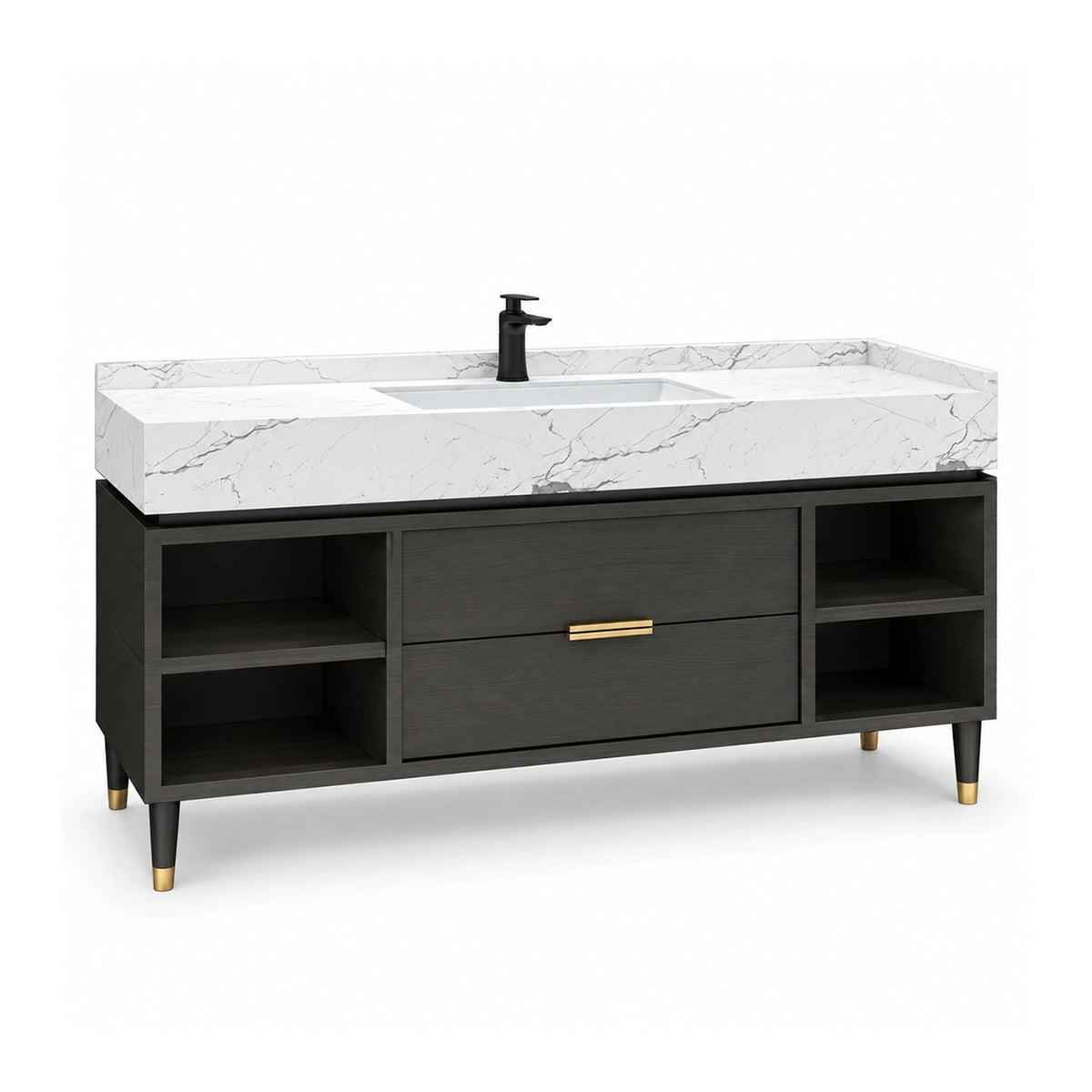 Freestanding bathroom vanity, stone countertop, drawers and side open shelves