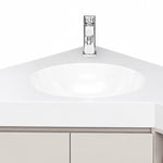 Bathroom vanity sink unit, recessed round ceramic basin, tall chrome single‑hole faucet