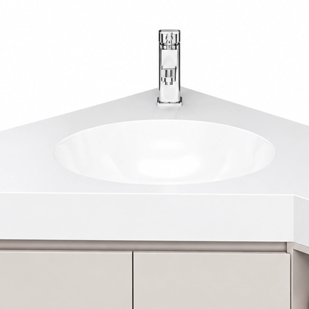 Bathroom vanity sink unit, recessed round ceramic basin, tall chrome single‑hole faucet