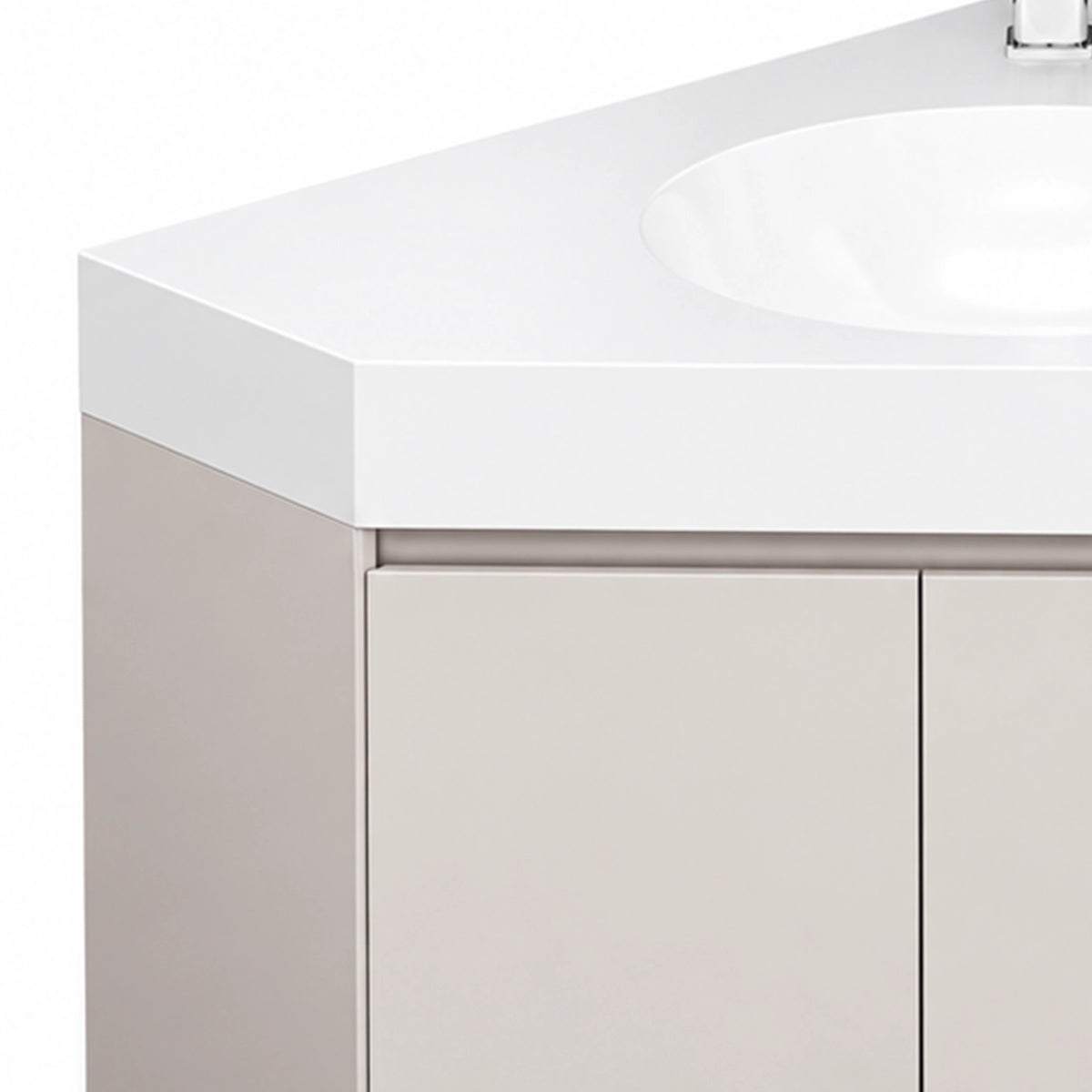Partial bathroom vanity cabinet, thick white quartz countertop, handle‑less flat light‑grey cabinet doors