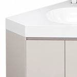 Partial bathroom vanity cabinet, thick white quartz countertop, handle‑less flat light‑grey cabinet doors