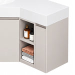 Bathroom vanity side module, two‑tier open storage niche, stacked towels and bath bottles inside